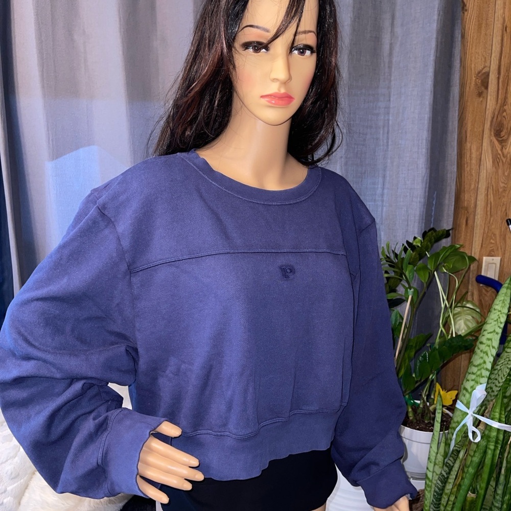 PINK Victoria Secret Cropped Ivy Fleece Yoke Seam Sweatshirt In Blue XL